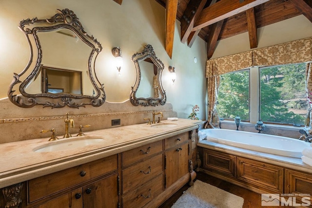 190 Yellow Jacket, Glenbrook, NV 89413 - bathroom with double vanity, a garden tub, and wood finished floors