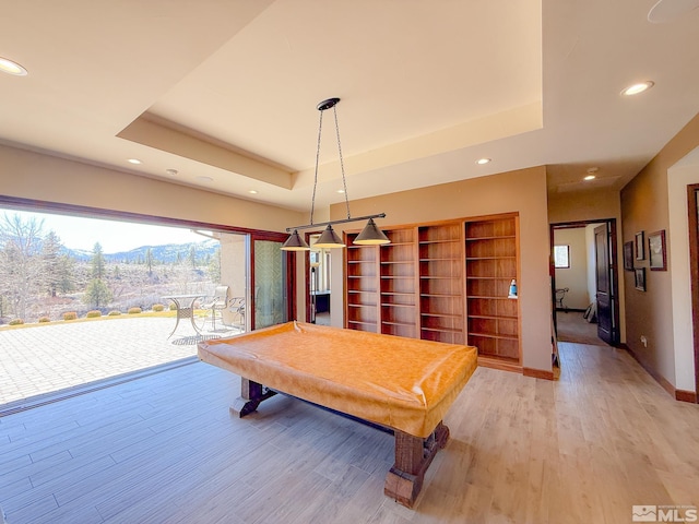 46 Silver Lynx Way, Verdi, NV 89439 - playroom featuring a tray ceiling, light wood-style floors, recessed lighting, pool table, and a mountain view