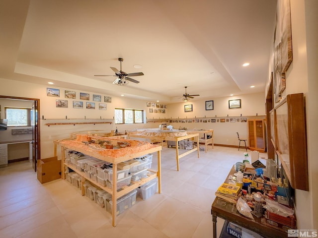 46 Silver Lynx Way, Verdi, NV 89439 - dining space featuring a tray ceiling, ceiling fan, and recessed lighting