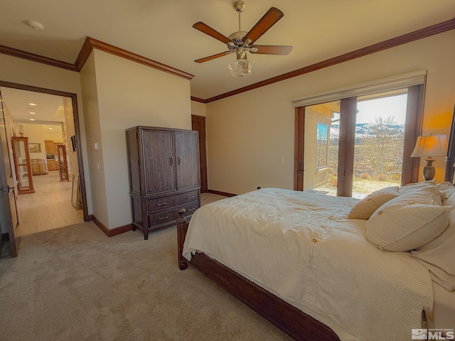 46 Silver Lynx Way, Verdi, NV 89439 - bedroom featuring access to exterior, light colored carpet, crown molding, ceiling fan, and baseboards