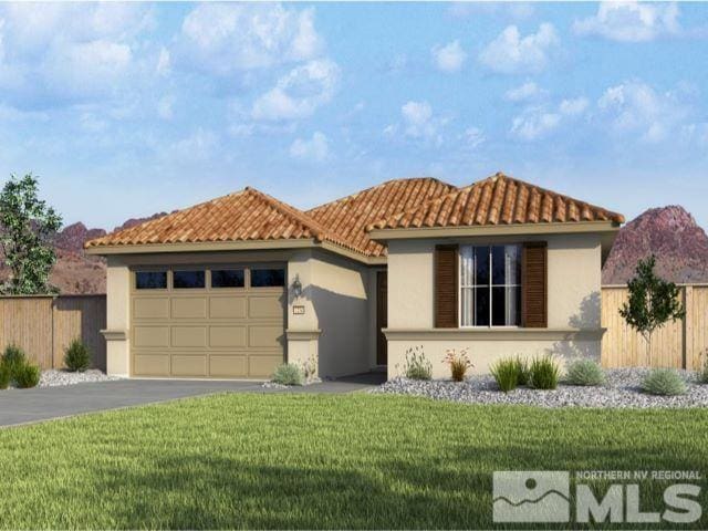 2039 Heights View Ln Unit 5115, Sparks, NV 89436 - mediterranean / spanish-style house featuring an attached garage, asphalt driveway, stucco siding, and a tiled roof