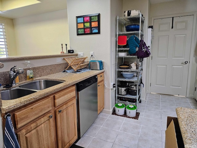 900 S Meadows Pkwy Unit 5414, Reno, NV 89521 - kitchen with stainless steel dishwasher, a sink, light tile patterned floors, and light stone countertops