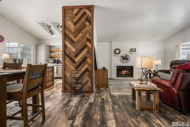 119 River Village Cir, Dayton, NV 89403 - living area with lofted ceiling, dark wood-style flooring, and a fireplace