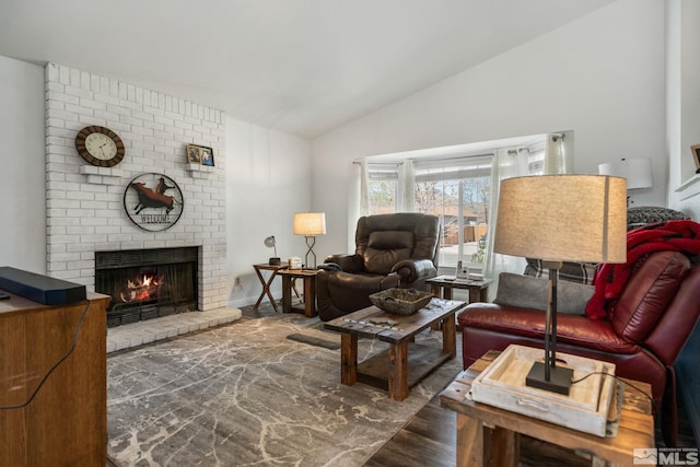 119 River Village Cir, Dayton, NV 89403 - living room featuring lofted ceiling, a fireplace, and wood finished floors