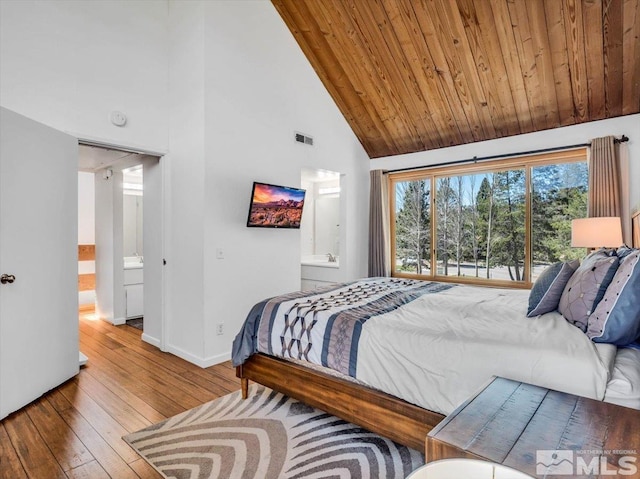 555 Tahoe Keys Blvd Unit 14, South Lake Tahoe, CA 96150 - bedroom featuring wood-type flooring, high vaulted ceiling, baseboards, ensuite bath, and wooden ceiling