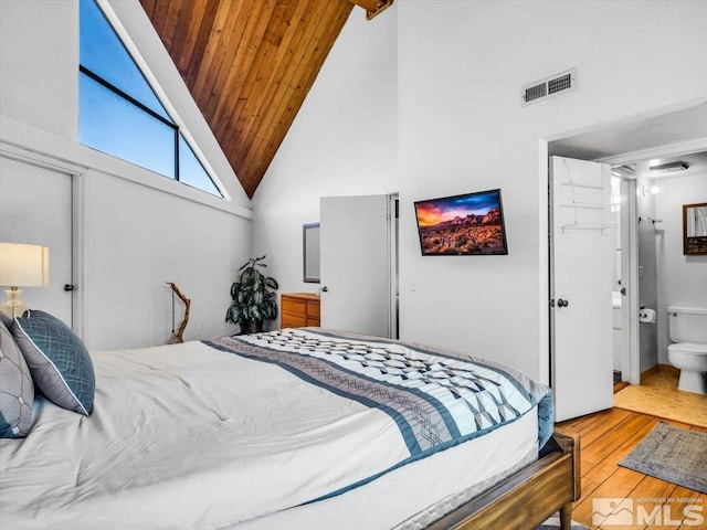 555 Tahoe Keys Blvd Unit 14, South Lake Tahoe, CA 96150 - bedroom featuring hardwood / wood-style flooring, high vaulted ceiling, and wooden ceiling