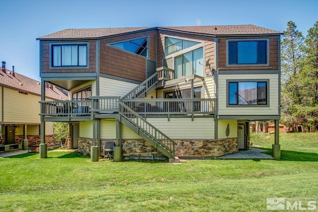 555 Tahoe Keys Blvd Unit 14, South Lake Tahoe, CA 96150 - rear view of house with stairs, a yard, and stone siding