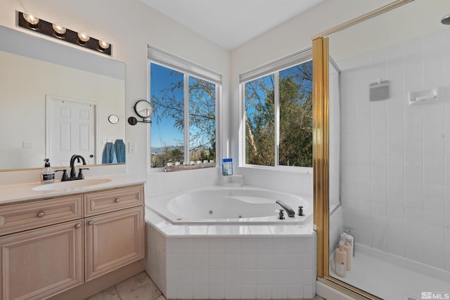 2900 Ariel Dr, Reno, NV 89523 - bathroom with a stall shower, a tub with jets, vanity, and tile patterned flooring