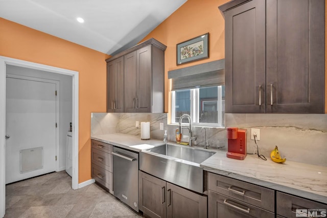 233 Jennys Ln, Fernley, NV 89408 - kitchen featuring stainless steel dishwasher, a sink, decorative backsplash, light stone counters, and recessed lighting