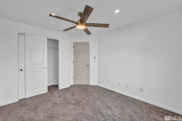 233 Jennys Ln, Fernley, NV 89408 - unfurnished bedroom with carpet flooring, a closet, baseboards, a ceiling fan, and recessed lighting