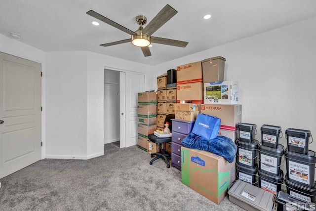 233 Jennys Ln, Fernley, NV 89408 - office area with a ceiling fan, carpet flooring, recessed lighting, and baseboards