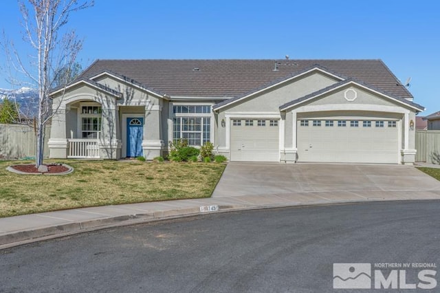 ranch-style house with an attached garage, stucco siding, concrete driveway, and a tile roof
