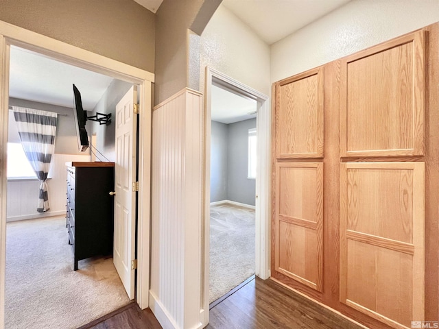 1480 Shadow Ln, Fernley, NV 89408 - hall featuring dark wood finished floors, dark carpet, and a textured wall
