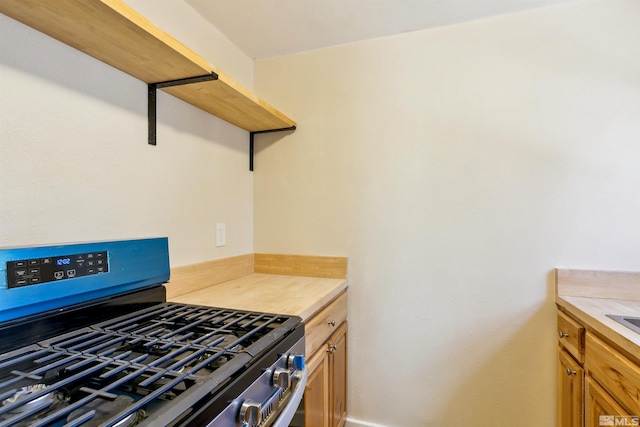 40 Shay Creek Rd, Markleeville, CA 96120 - kitchen with stainless steel gas range, open shelves, and light countertops