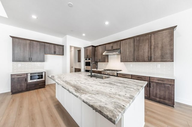 3237 Amaretto Way Unit Cinmon 64, Sparks, NV 89441 - kitchen featuring a sink, stainless steel appliances, under cabinet range hood, light wood finished floors, and an island with sink