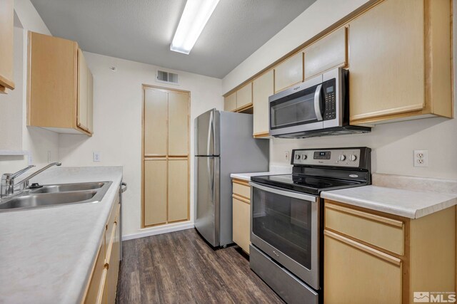6850 Sharlands Ave Unit A2003, Reno, NV 89523 - kitchen featuring appliances with stainless steel finishes, a sink, dark wood-style floors, and light brown cabinets