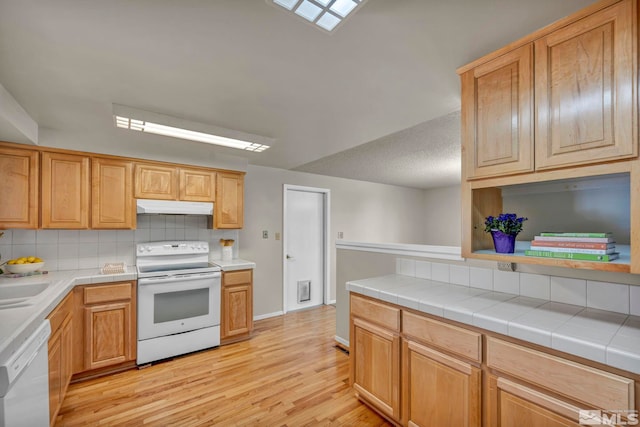 1308 Fremont, Carson City, NV 89701 - kitchen with white appliances, under cabinet range hood, decorative backsplash, light wood-style flooring, and a sink