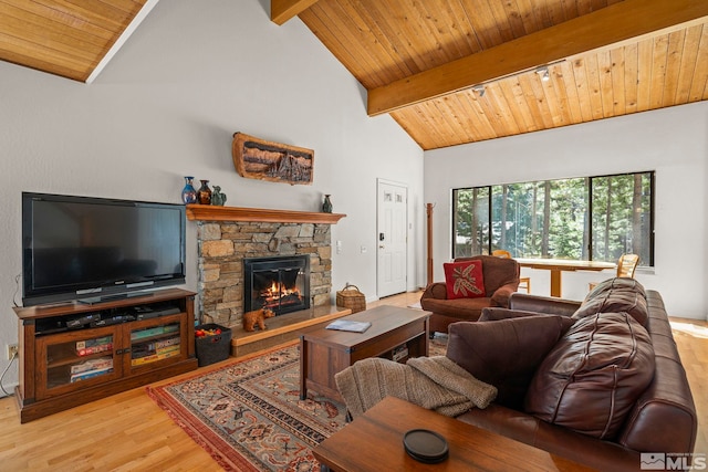 123 Juanita Dr Unit 2, Incline Village, NV 89451 - living room featuring wood finished floors, wooden ceiling, beam ceiling, a fireplace, and high vaulted ceiling