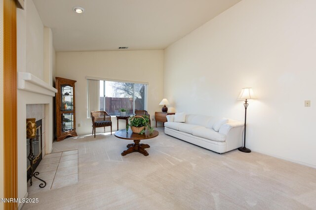 1774 Evergreen Ct, Minden, NV 89423 - carpeted living area with a fireplace and high vaulted ceiling