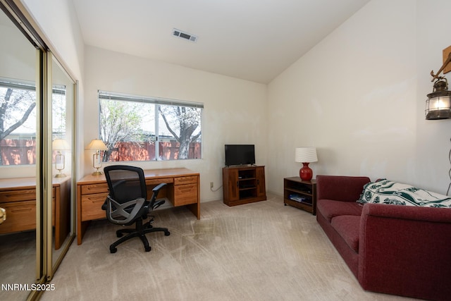 1774 Evergreen Ct, Minden, NV 89423 - office area featuring light carpet and lofted ceiling