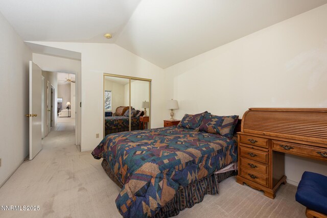 1774 Evergreen Ct, Minden, NV 89423 - bedroom featuring light colored carpet, a closet, and lofted ceiling