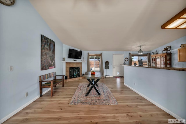 534 Dutch Oven Ct, Fernley, NV 89408 - living room with vaulted ceiling, light wood-style flooring, baseboards, and a tiled fireplace