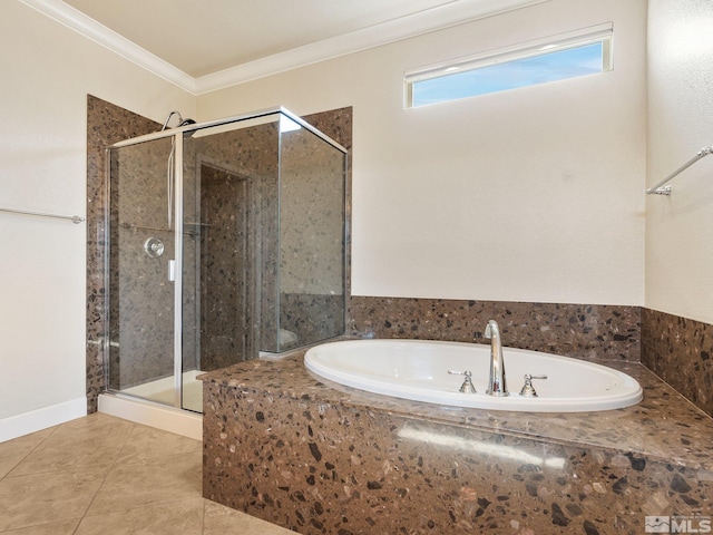 bathroom with crown molding, a shower stall, a bath, and tile patterned floors