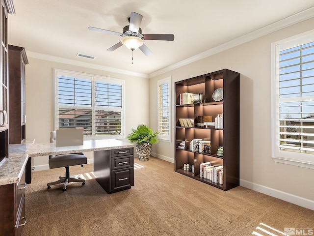 carpeted office with crown molding, baseboards, ceiling fan, and healthy amount of natural light