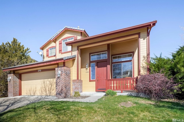 2761 Cheshire, Reno, NV 89523 - view of front of property featuring concrete driveway, brick siding, a garage, a front yard, and a porch
