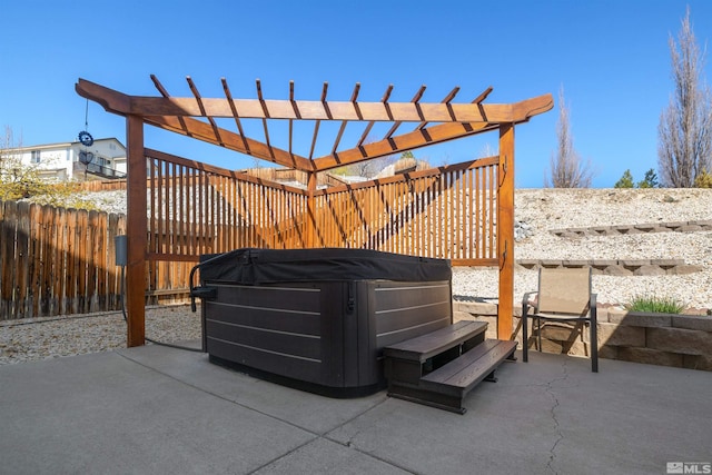 2761 Cheshire, Reno, NV 89523 - view of patio / terrace with a hot tub, fence, and a pergola