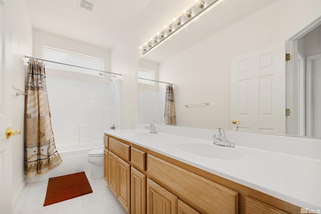2761 Cheshire, Reno, NV 89523 - bathroom with toilet, double vanity, and shower / bathtub combination with curtain