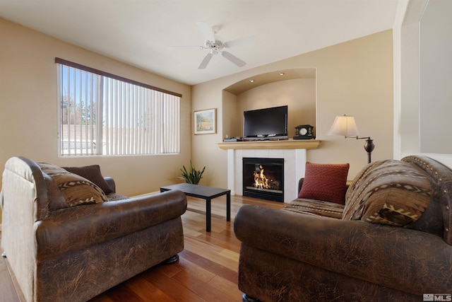 2761 Cheshire, Reno, NV 89523 - living area with a tile fireplace, a ceiling fan, and wood finished floors