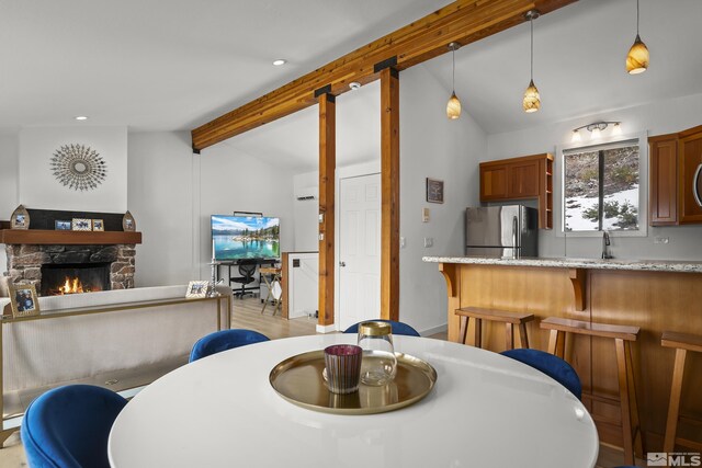 400 Fairview Blvd Unit 8, Incline Village, NV 89451 - dining room featuring a fireplace, recessed lighting, and light wood finished floors