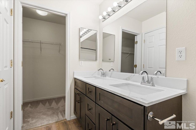 7753 Tulear St, Reno, NV 89506 - bathroom with a walk in closet, wood finished floors, double vanity, and baseboards