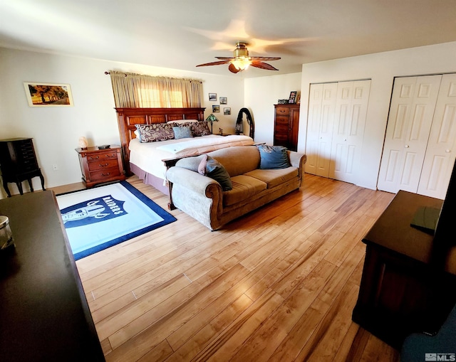 495 Burntwood St, Fallon, NV 89406 - bedroom featuring light wood-style floors, multiple closets, and ceiling fan