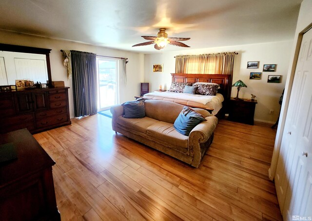 495 Burntwood St, Fallon, NV 89406 - bedroom with access to exterior, light wood-style flooring, and a ceiling fan