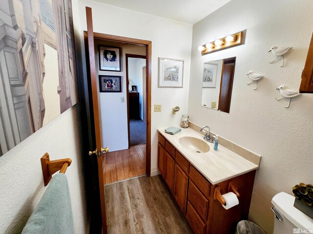 495 Burntwood St, Fallon, NV 89406 - half bath featuring wood finished floors, toilet, and vanity