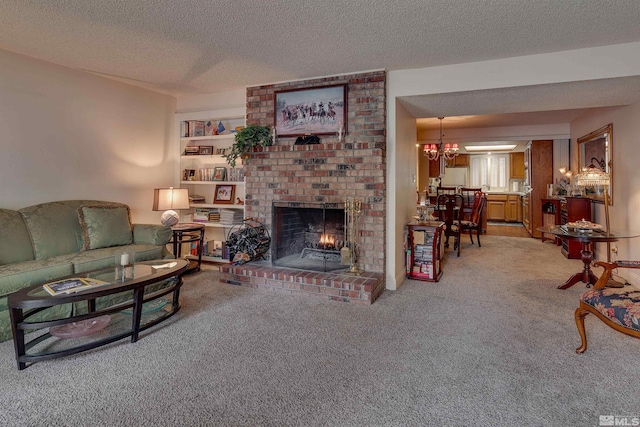 2103 Chicory Way, Reno, NV 89509 - living area featuring light colored carpet, a textured ceiling, a brick fireplace, and a chandelier