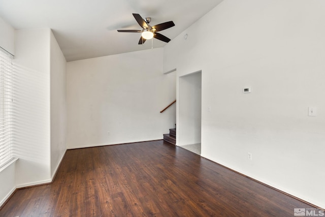 4251 Furgerson Ranch Rd, Carson City, NV 89701 - unfurnished living room featuring ceiling fan, stairway, wood finished floors, lofted ceiling, and baseboards