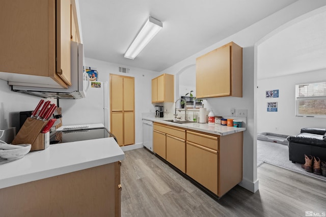 6850 Sharlands Ave # W2137, Reno, NV 89523 - kitchen with dishwasher, a sink, light wood finished floors, light countertops, and open floor plan