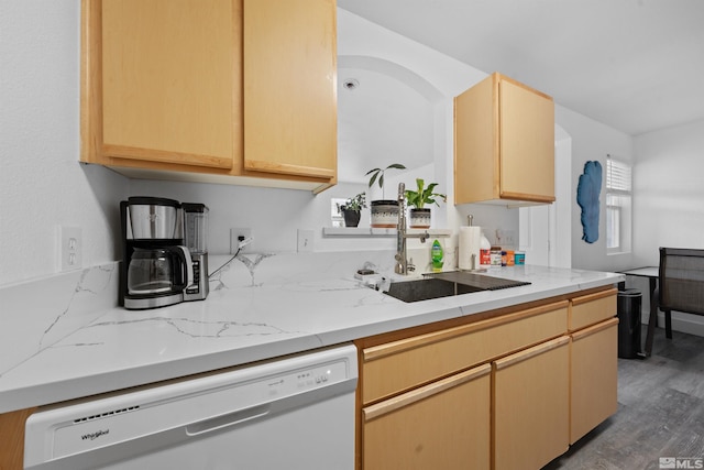 6850 Sharlands Ave # W2137, Reno, NV 89523 - kitchen featuring dishwasher, wood finished floors, light brown cabinets, light stone counters, and a sink