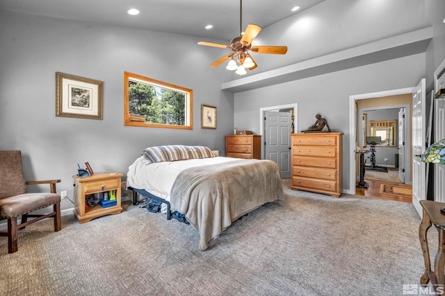 16375 Callahan Rd, Reno, NV 89511 - bedroom with recessed lighting, carpet, a ceiling fan, lofted ceiling, and baseboards