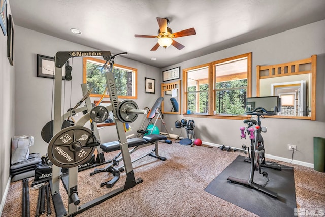 16375 Callahan Rd, Reno, NV 89511 - exercise area with ceiling fan, carpet flooring, baseboards, and recessed lighting