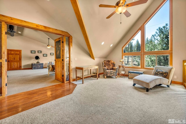 16375 Callahan Rd, Reno, NV 89511 - sitting room with carpet, ceiling fan, high vaulted ceiling, baseboards, and beamed ceiling