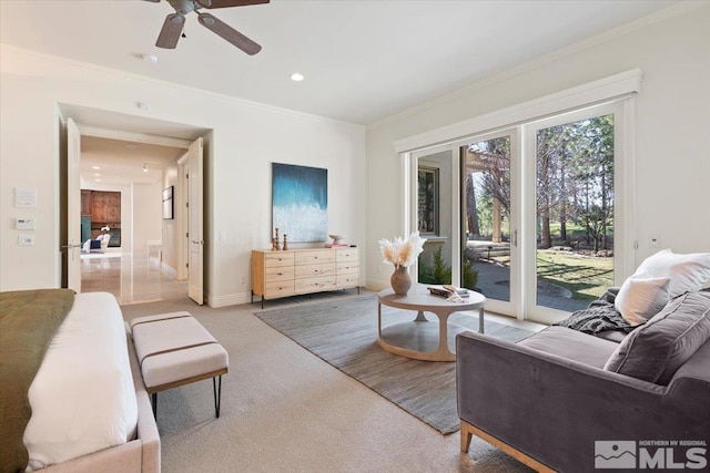 5680 Lausanne Dr, Reno, NV 89511 - living area with light colored carpet, ornamental molding, a ceiling fan, baseboards, and recessed lighting