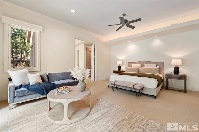 5680 Lausanne Dr, Reno, NV 89511 - carpeted bedroom with baseboards, crown molding, recessed lighting, and a ceiling fan