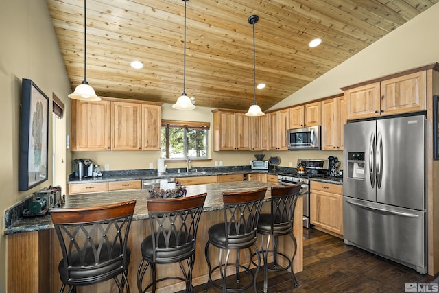877 Northwood Blvd Unit 2, Incline Village, NV 89451 - kitchen featuring appliances with stainless steel finishes, lofted ceiling, a sink, recessed lighting, and a kitchen bar