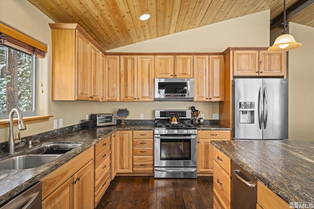 877 Northwood Blvd Unit 2, Incline Village, NV 89451 - kitchen with stainless steel appliances, a sink, wood ceiling, dark wood-style flooring, and pendant lighting