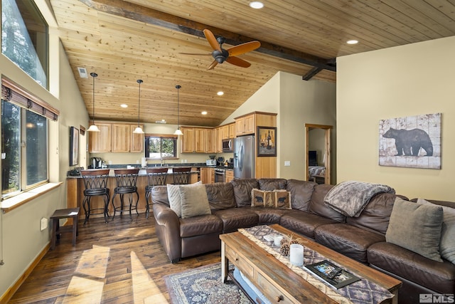 877 Northwood Blvd Unit 2, Incline Village, NV 89451 - living area featuring wood ceiling, recessed lighting, a ceiling fan, dark wood-type flooring, and high vaulted ceiling