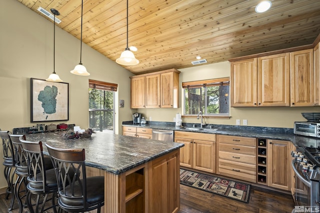 877 Northwood Blvd Unit 2, Incline Village, NV 89451 - kitchen featuring a sink, dark countertops, appliances with stainless steel finishes, open shelves, and vaulted ceiling
